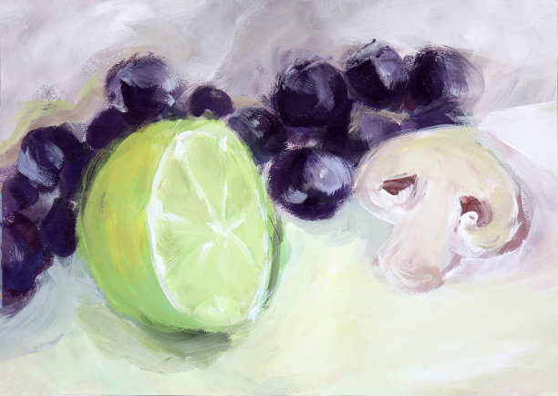 水彩画:水果、蔬菜:葡萄、青柠、蘑菇图片下载