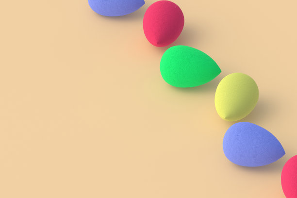 彩色鸡蛋海绵在米色背景。化妆品配件。美丽和时尚。化妆工具。副本的空间。三维渲染图片下载