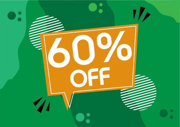 60%的折扣。促销横幅，绿色背景的橙色气球。图片下载