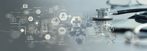 近距离听诊器和数字平板电脑与虚拟电子病历的患者界面。现代虚拟屏幕上的数字医疗和网络，3d DNA医疗技术和未来概念。图片下载