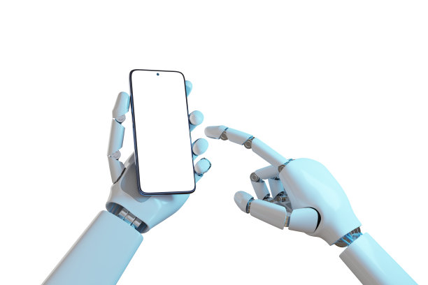 机器人的手使用一个空白屏幕的手机。3 d演示。图片下载