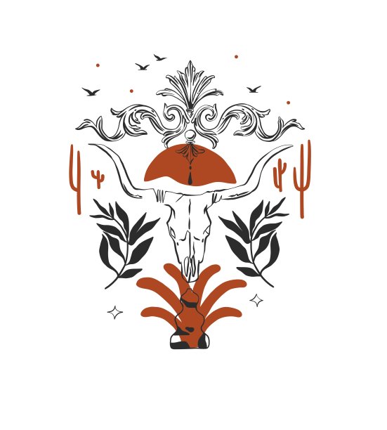 手绘抽象矢量图形剪贴画插图波西米亚公牛头骨组成。狂野的西部设计理念。波西米亚狂野西部当代艺术。牛仔现代线条艺术绘画。美国牛仔的标志。图片下载