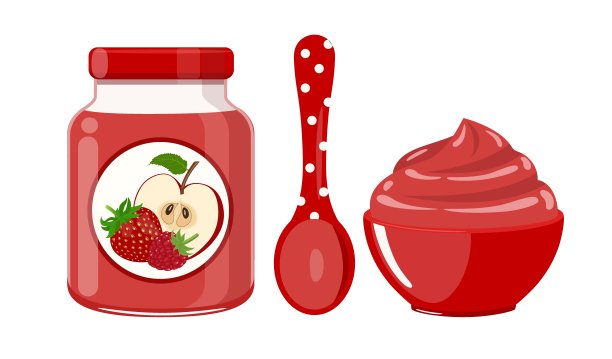 苹果草莓和树莓婴儿食品泥在玻璃罐中与圆点勺子和碗，矢量插图孤立在白色背景图片下载