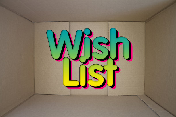 愿望清单字与纸板盒。布朗cardbox折叠。图片下载