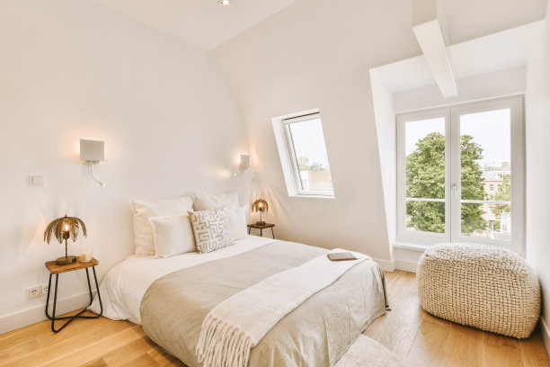 现代住宅中的卧室，有一张大床图片下载