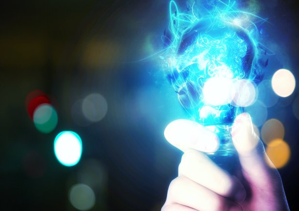 一个灯泡的3D插图，闪耀着科学技术的概念图片下载