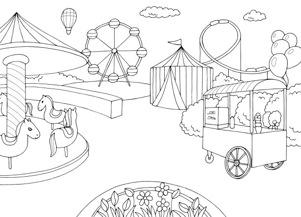 游乐园景观图形黑白素描插图矢量图片下载