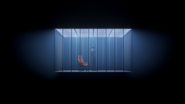 商人在监狱办公室用椅子笼概念。三维渲染图片下载