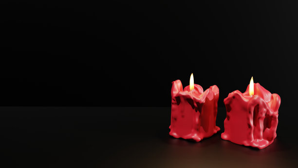 黑色背景上燃烧的红色蜡烛的3D渲染。空出文本空间。圣诞节和万圣节设计的背景。旧蜡烛在明亮的背景下燃烧。亡灵节。图片下载