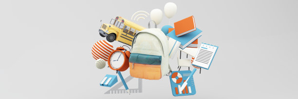 带着学校用品和设备回到学校。校车与学校的配件和书籍在柔和的颜色橙蓝色色调的背景现实卡通。3 d渲染,宽屏图片下载