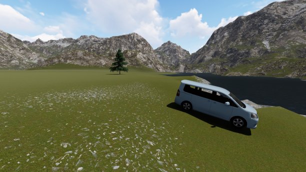 汽车在群山背景下的草坪上行驶。三维渲染图片下载