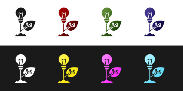 设置灯泡与叶子图标孤立在黑色图片下载