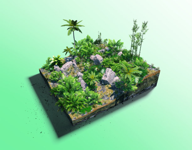 一片热带岛屿，有绿色的草地，横截面上有海滩上的棕榈树和竹子。微观世界。3 d渲染。图片下载