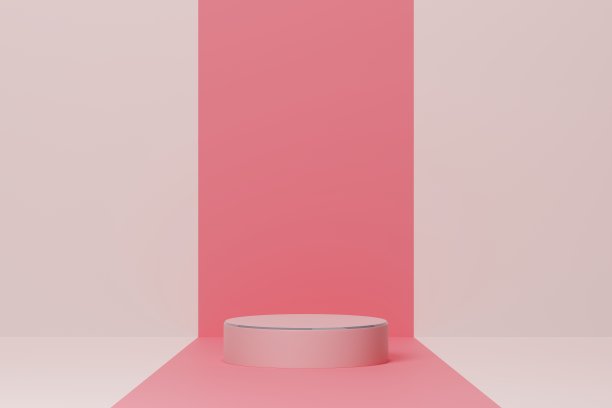 粉红色的圆柱体讲台或站在背景上。化妆品展柜。三维渲染图片下载