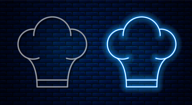 发光的霓虹灯线厨师帽子图标孤立的砖图片下载