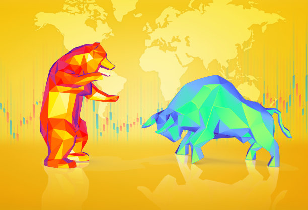 牛市和熊市的金融策略。股票交易或金融市场的概念。多边形公牛和熊的3d插图图片下载