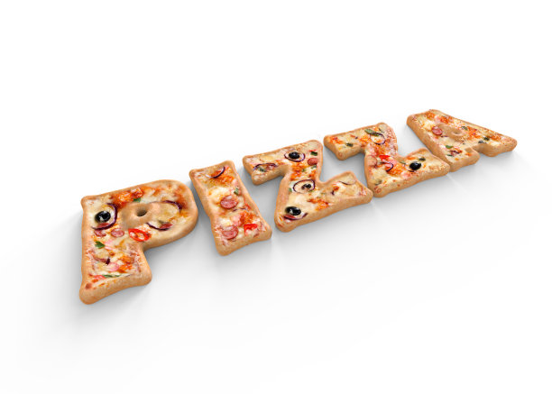 混合香肠和西红柿的形状的单词比萨。食品艺术理念。美味的披萨关键视觉。三维演示图片下载