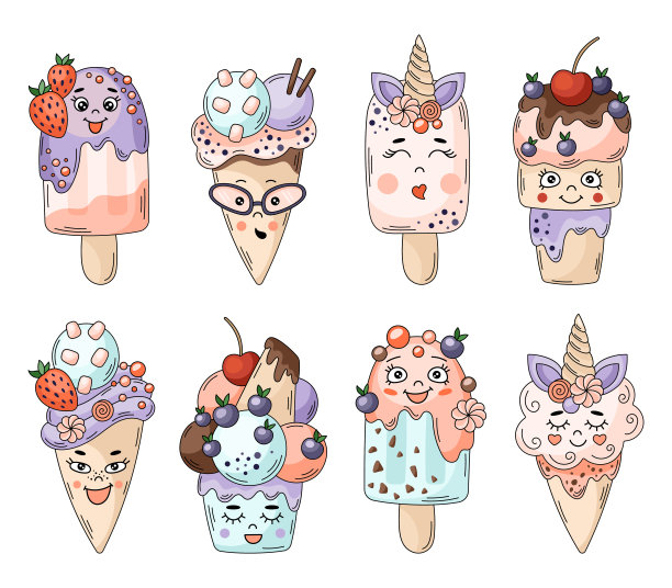 卡通冰淇淋人物矢量插图集。可爱的独角兽冰棒剪贴画图片下载
