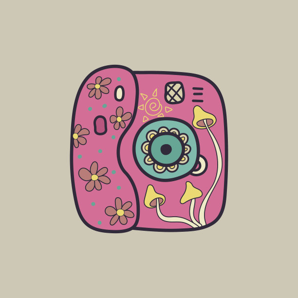 黑白插图。照片相机的背景是花的叶子。艺术。涂鸦。矢量插图。图片下载