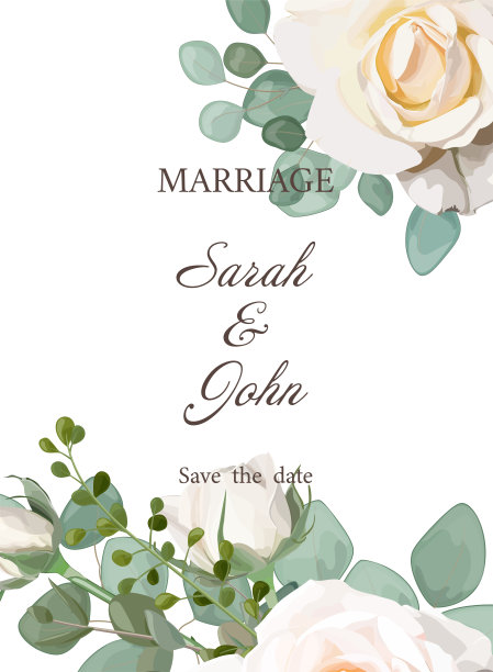 婚礼请柬与玫瑰花，水彩，孤立在白色。向量水彩画。图片下载