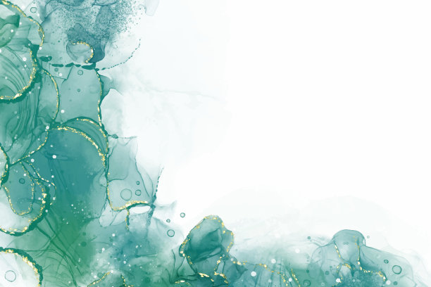 粉彩青色薄荷液体大理石水彩背景与金线和刷子污渍。蓝绿色大理石醇墨画图效果。矢量插图背景，水彩婚礼邀请。图片下载