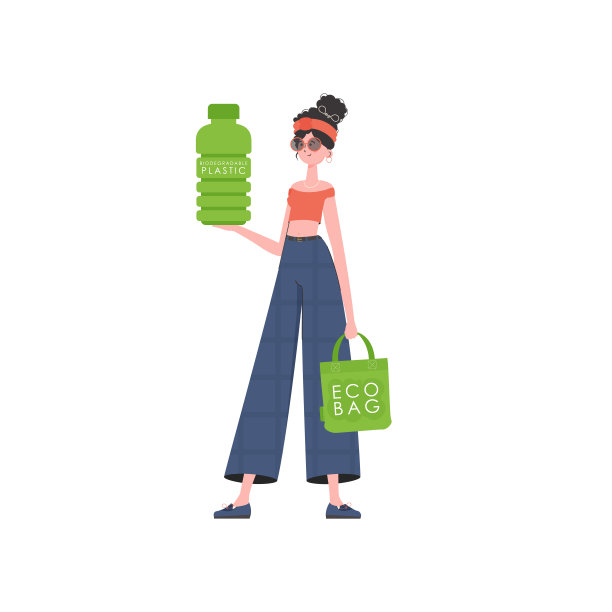 一位妇女手里拿着一个由可生物降解塑料制成的瓶子。生态理念，关爱环境。孤立在白色背景。时尚趋势插图在矢量。图片下载