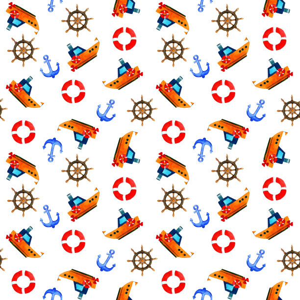 无缝水彩图案的橘色船和锚、舵。红色的救生圈。船在卡通风格。图片下载
