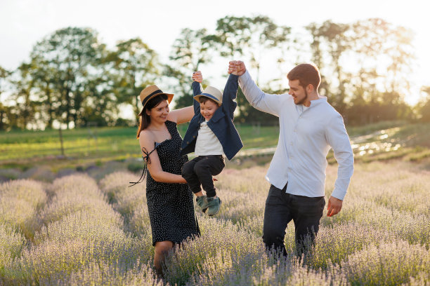 有趣的家庭在薰衣草田图片下载