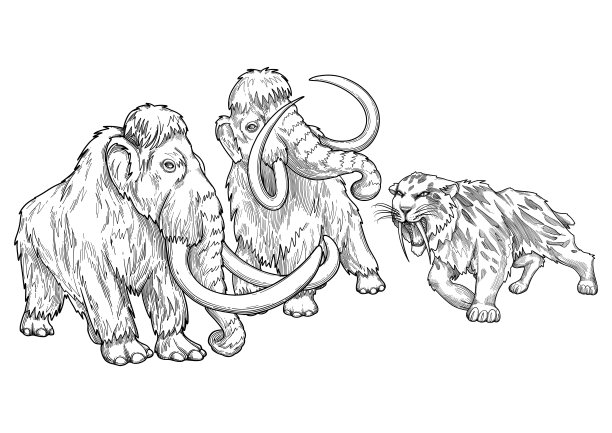 史前剑齿虎向两只受惊的猛犸象咆哮的图形艺术。图片下载