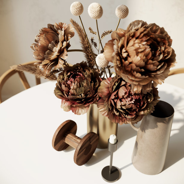 桌上的花瓶里有一束干花。客厅内部波西米亚风格。三维渲染图片下载