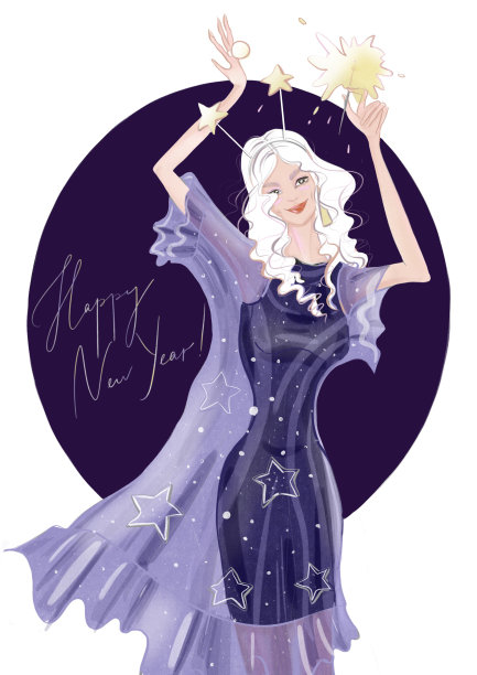 颜色时尚插图性格开朗的节日新年字母明信片可爱的女人跳舞微笑在晚礼服发型卷曲接近图片下载