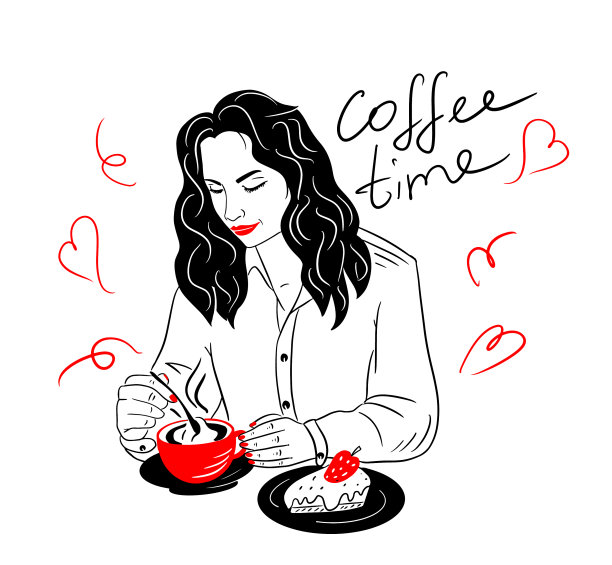 女人正在喝咖啡，吃蛋糕图片下载