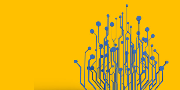 黄色电路板上的流动线路和节点图片下载