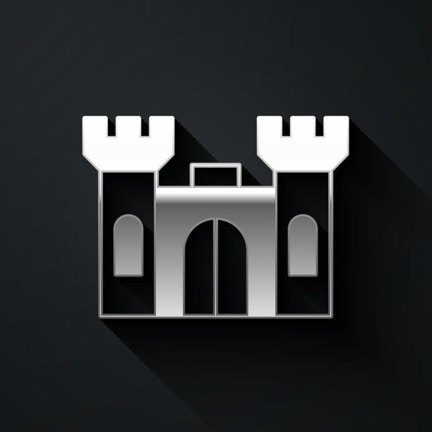 银色城堡图标孤立在黑色背景图片下载