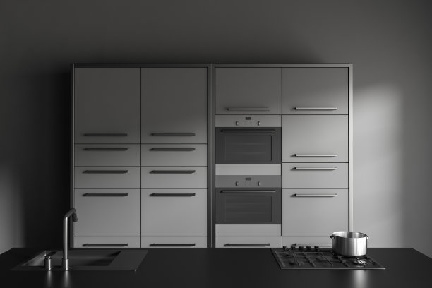 灰色的厨房内部有台面、水槽、架子和烤箱图片下载