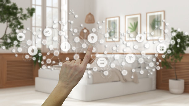 发光的智能家居界面，几何背景，连接的线和点显示物联网系统，手指指向图标在卧室内部，家庭自动化的概念图片下载