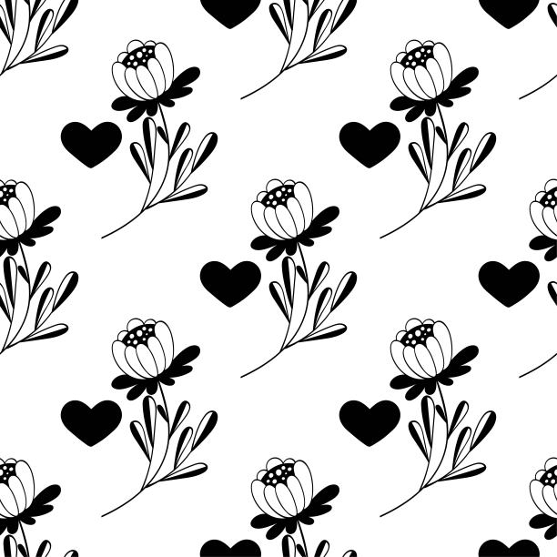 漂亮的花有着黑色的心。花卉无缝模式。矢量草地，手绘插画在复古风格。涂鸦向量打印。图片下载