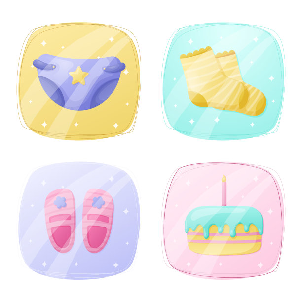 一套卡通婴儿配件图标。新生儿尿布，袜子，生日蛋糕和凉鞋。图片下载