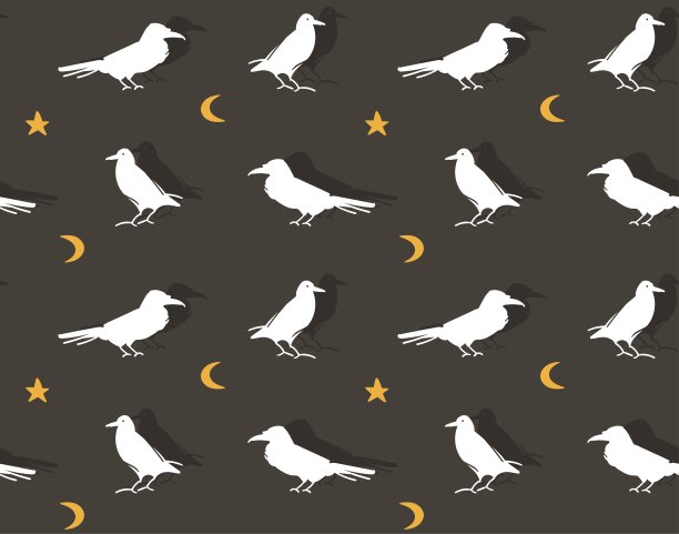 手绘矢量抽象卡通快乐万圣节插画无缝模式乌鸦和冠孤立在黑色背景图片下载