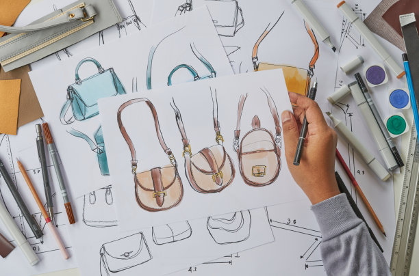 设计师时髦的素描画设计模板图案制作皮革手包手袋手袋手袋女性时尚时尚豪华优雅的配件。图片下载