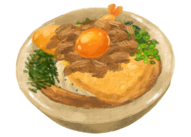 乌冬面配牛肉汤等日本料理插画手绘图片下载