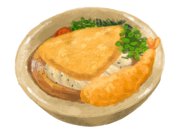 乌冬面配天妇罗等浇头日本料理插画手绘图片下载
