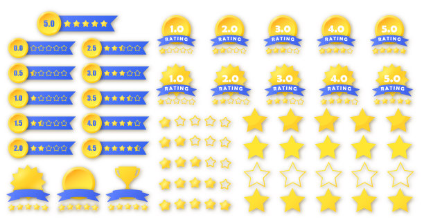评级图标和标签设置。一套孤立的金色标志在白色背景。5次评价评价产品的app和网站。插图。图片下载