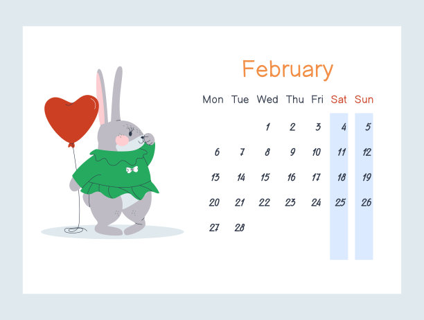 一只兔子站在那里，手里拿着一个心形气球。情人节的兔子。2023年2月日历。一周从周一开始，周六和周日都是灰色的。平面向量图片下载