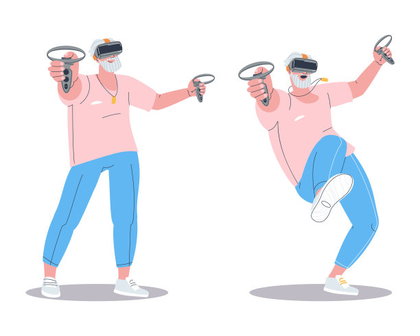 戴VR眼镜的老人。老年人喜欢增强现实技术。时髦的平面矢量插图图片下载