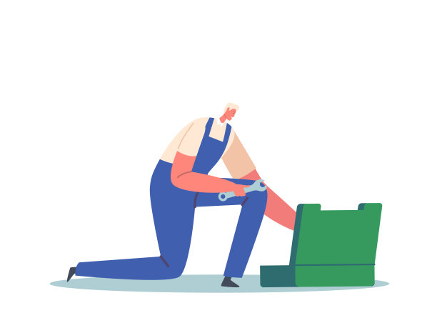 工人与扳手和工具箱字符孤立在白色背景。男性角色穿工人工作服手持扳手图片下载