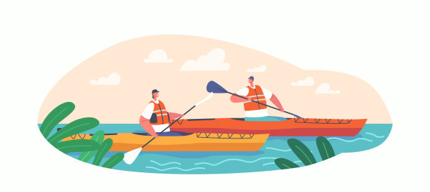参加野河赛艇漂流或皮划艇运动比赛的队伍。人们穿着救生衣在独木舟上划桨图片下载