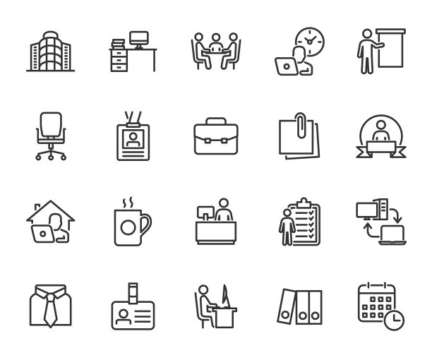 办公室线条图标的矢量集合。包含图标工作场所，办公楼，着装规范，工作时间表，接待，工作任务，每月的员工，在家工作和更多。像素完美。图片下载