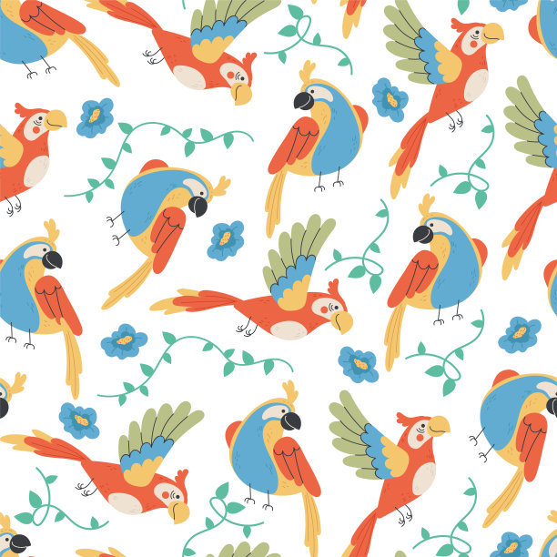 热带丛林鸟类鹦鹉卡通无缝无尽图案封面包裹设计元素插图背景图片下载