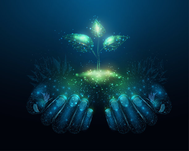 两个人的手正捧着嫩芽。发光低聚手和植物在深蓝色的背景。线框低多边形设计。抽象未来矢量插图图片下载